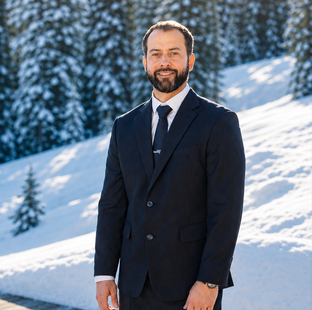 Man in a dark suit standing in snowy mountains with pine trees in the background