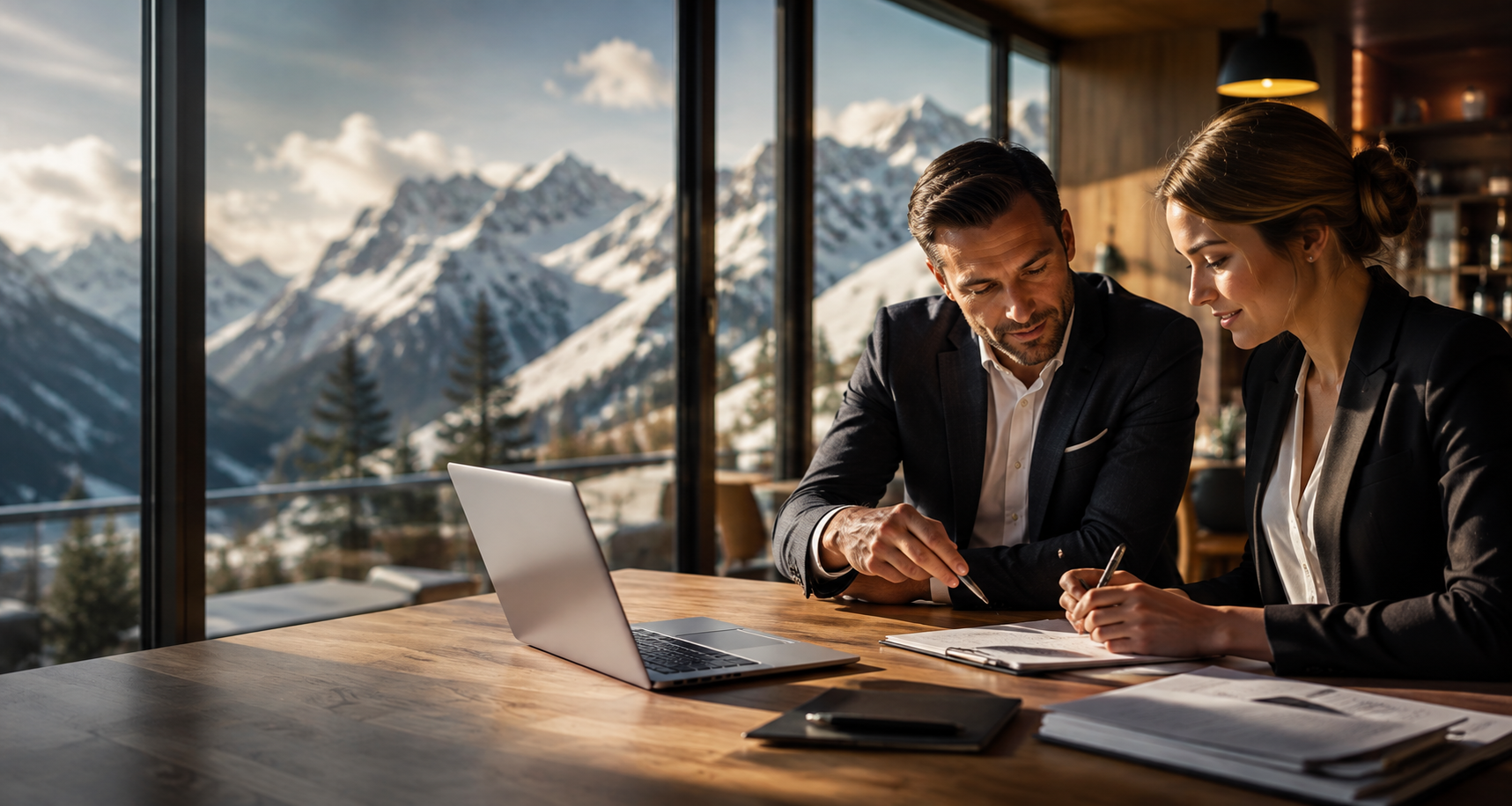 Hotelmanagerin und Koch besprechen Personalplanung in einem Alpenhotel vor verschneiter Bergkulisse.