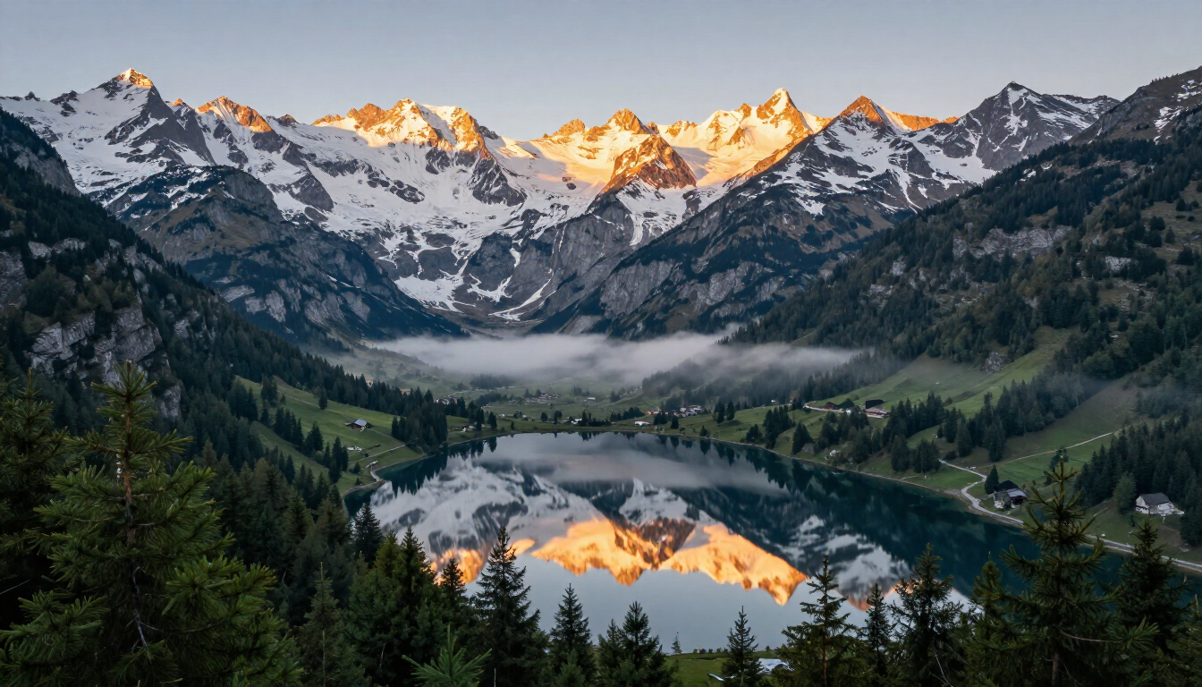 Snowy mountain range at sunrise reflected in a lake, with evergreen forest and low clouds in the valley
