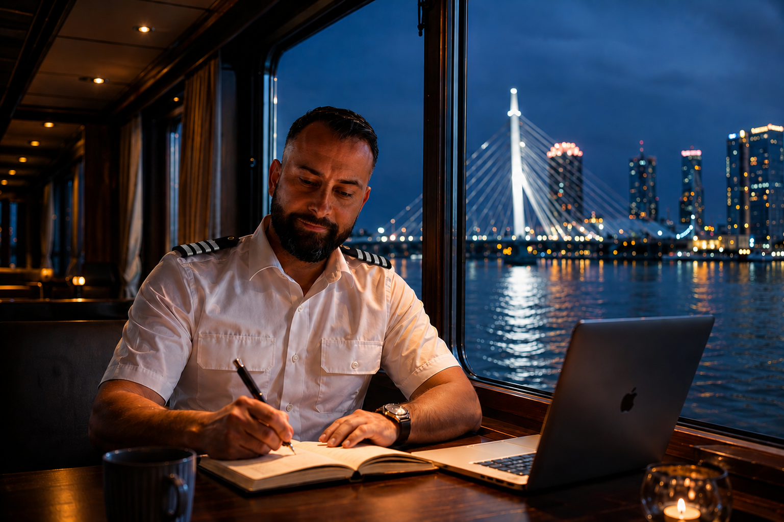 Man writing at a table by a window, with a lit city skyline and bridge at night behind him.
