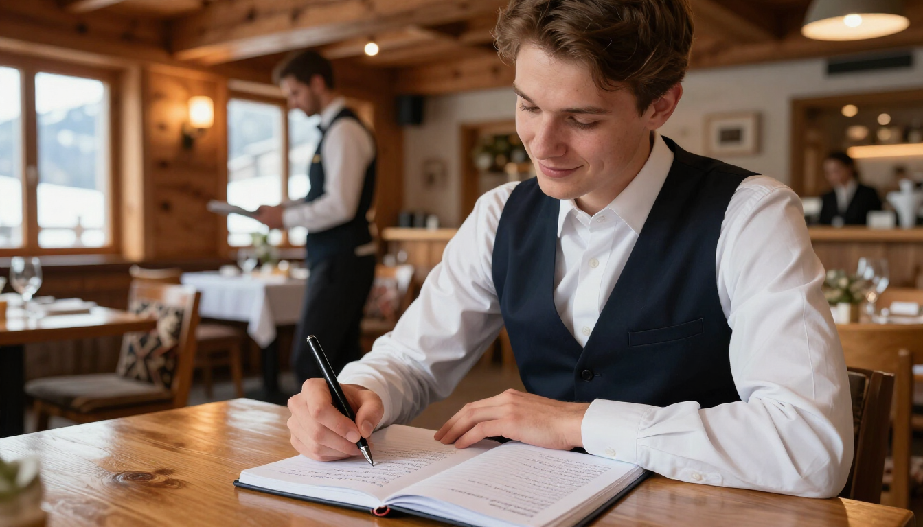 Man in a vest writing in a notebook at a wooden café table, with a softly lit restaurant interior behind him