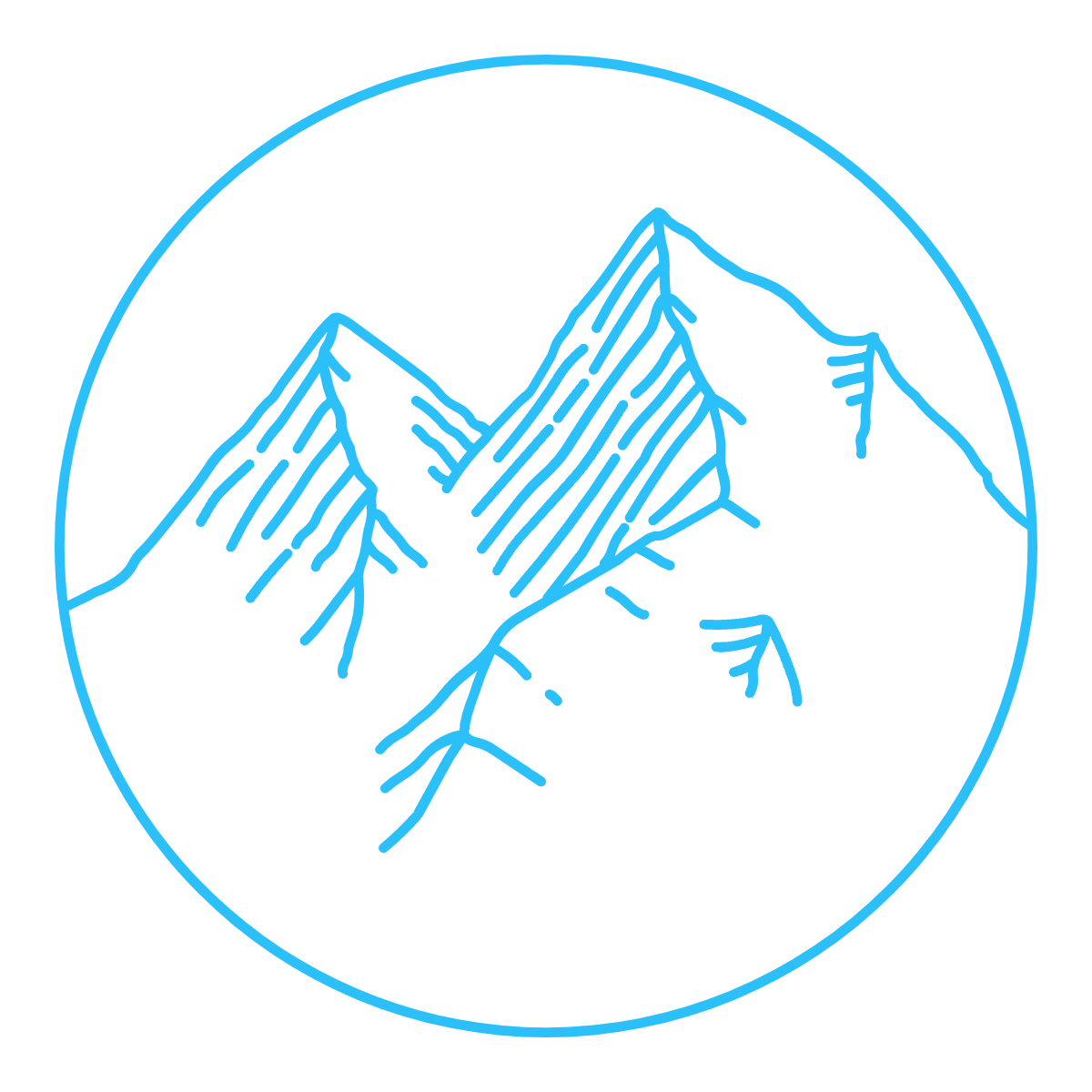 A line drawing of a mountain in a circle on a white background.
