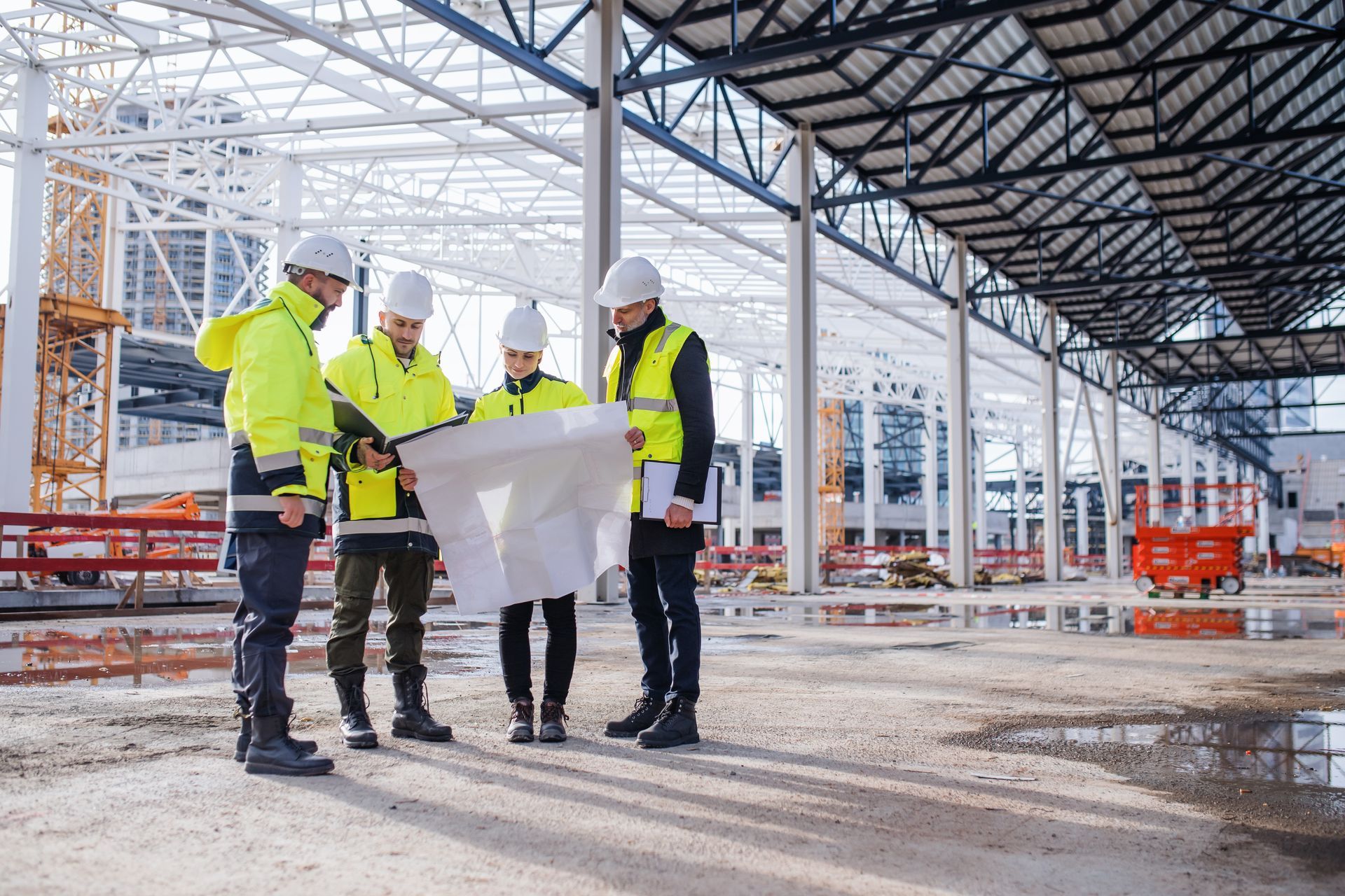 A group of engineers with blueprints is standing on a construction site