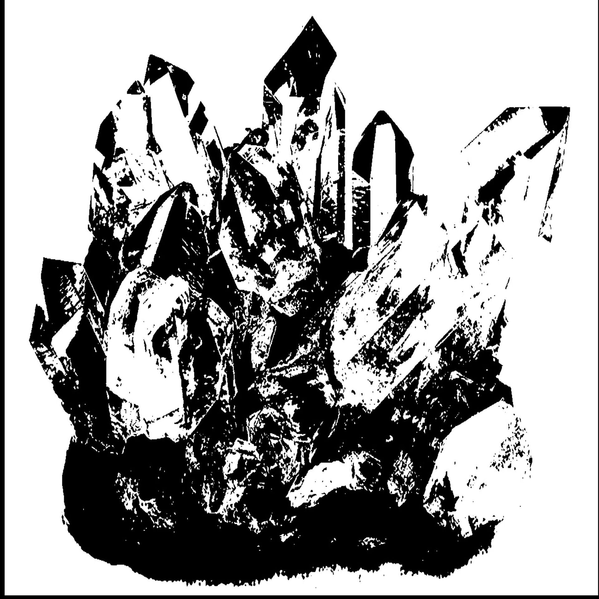 Monochromer Siebdruck einer kristallinen Formation. Das Werk untersucht Struktur, Lichtbrechung und geologische Verdichtung durch extreme Schwarz-Weiß-Kontraste.