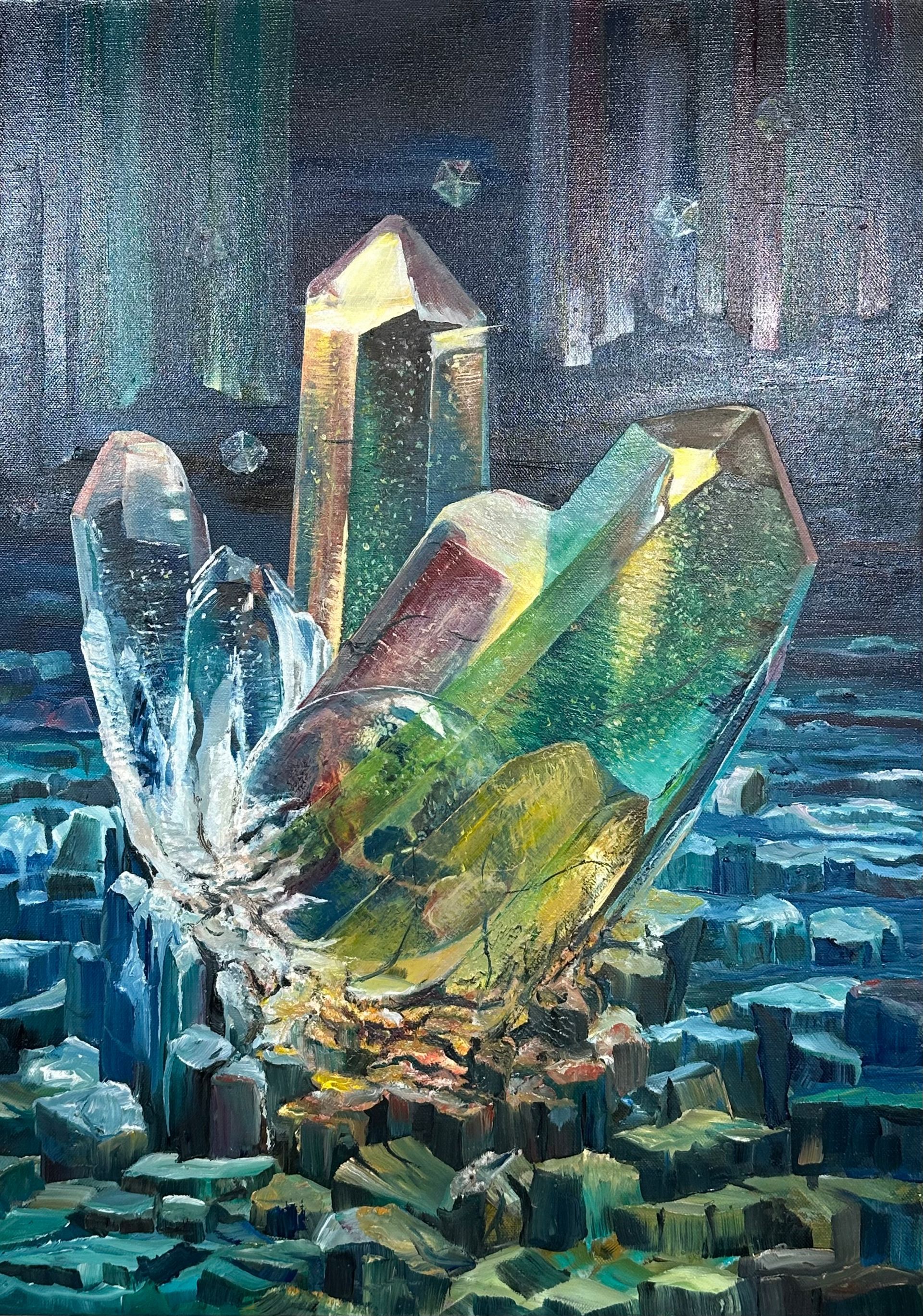 Expressionistisches Kristallgemälde mit prismatischen Lichtreflexen und zersplitternden Kristallformen über einer abstrahierten Wasserlandschaft in Blau-, Türkis- und Grüntönen. Ölgemälde auf Leinwand