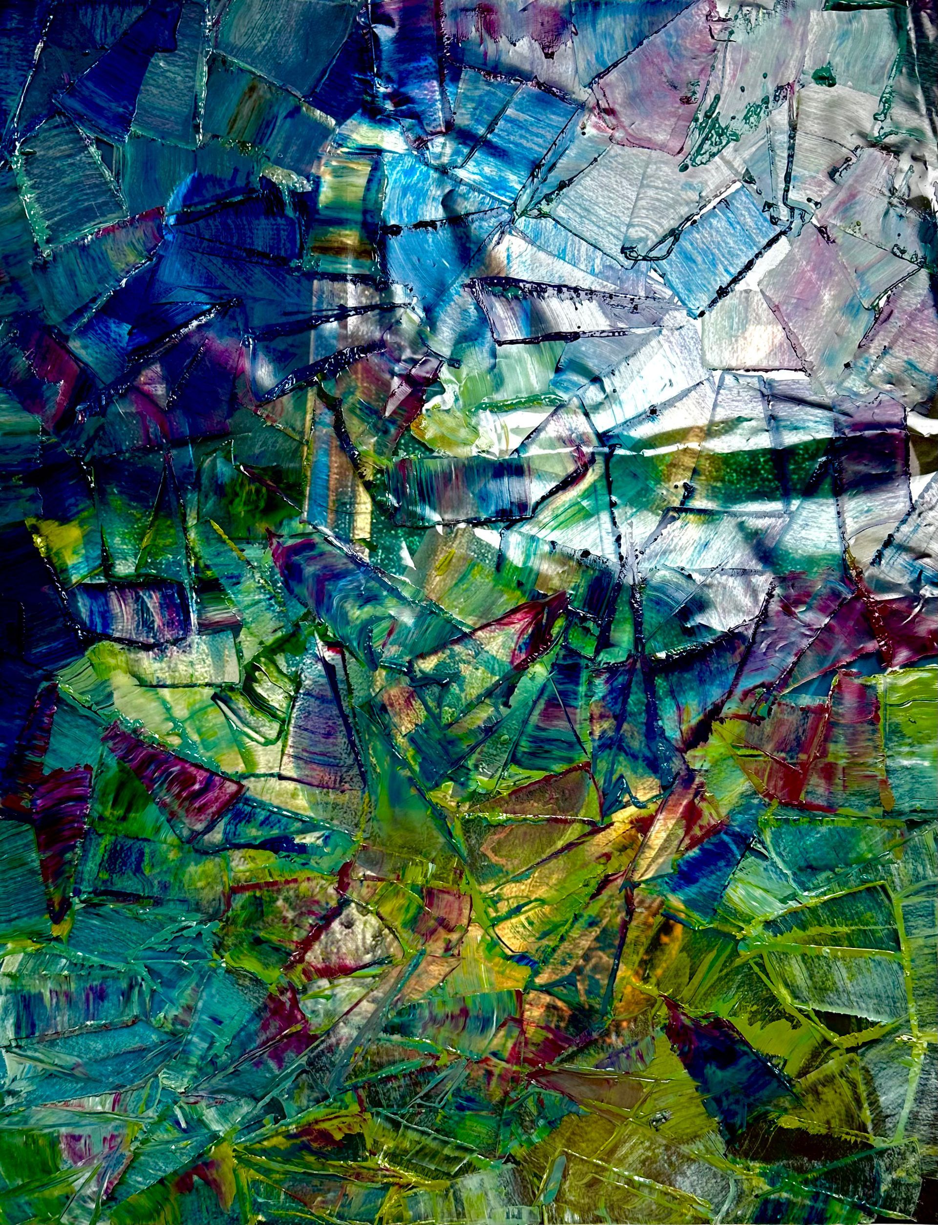 Variation zu Expressionistisches Kristallgemälde mit prismatischen Lichtreflexen und zersplitternden Kristallformen über einer abstrahierten Wasserlandschaft in Blau-, Türkis- und Grüntönen.