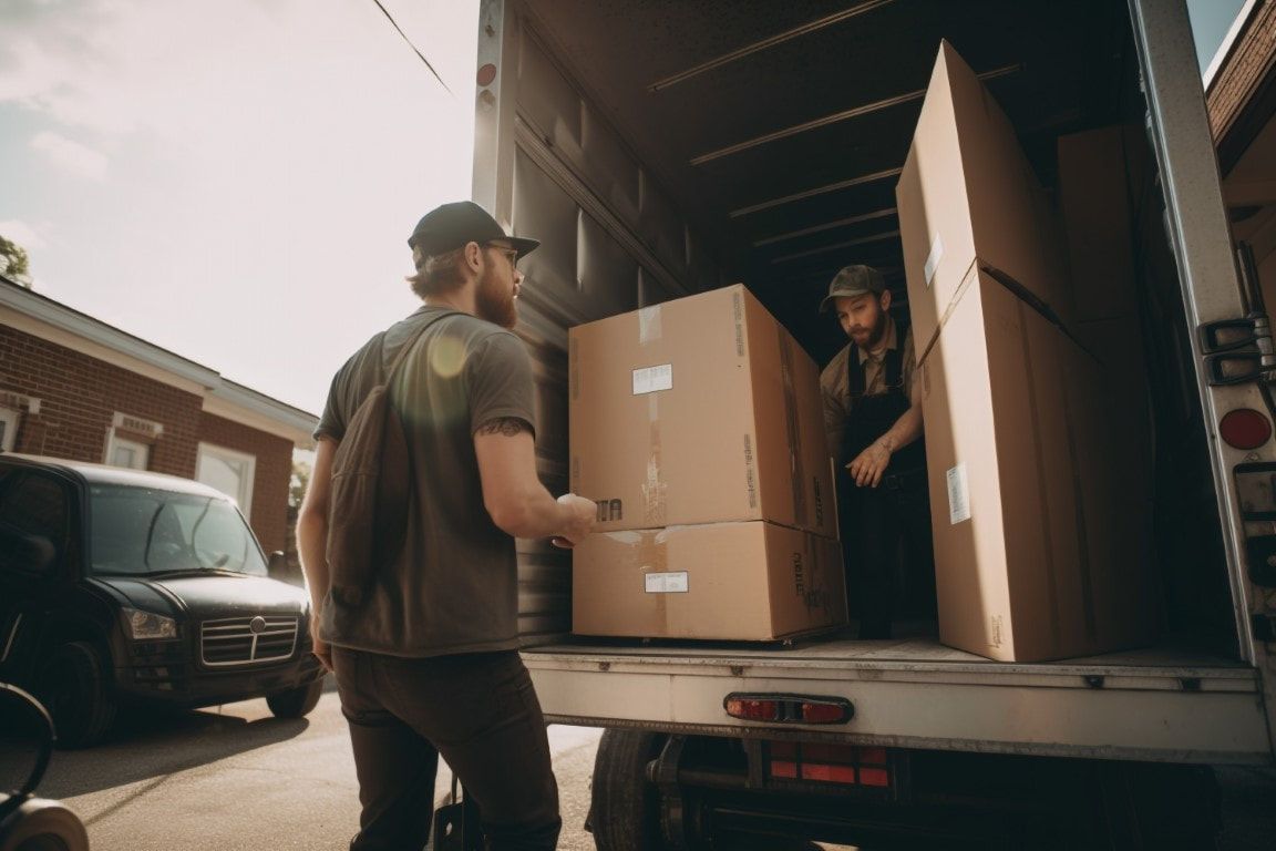 Two people loading cardboard boxes into a moving truck outdoors.