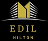 Logo EDIL Hilton in oro e bianco su sfondo nero.