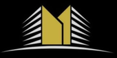 Logo astratto di un edificio in nero e oro con accenti laterali bianchi simmetrici e una base curva.