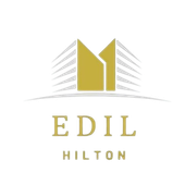 Logo EDIL Hilton in oro e grigio con icona stilizzata dell'edificio.