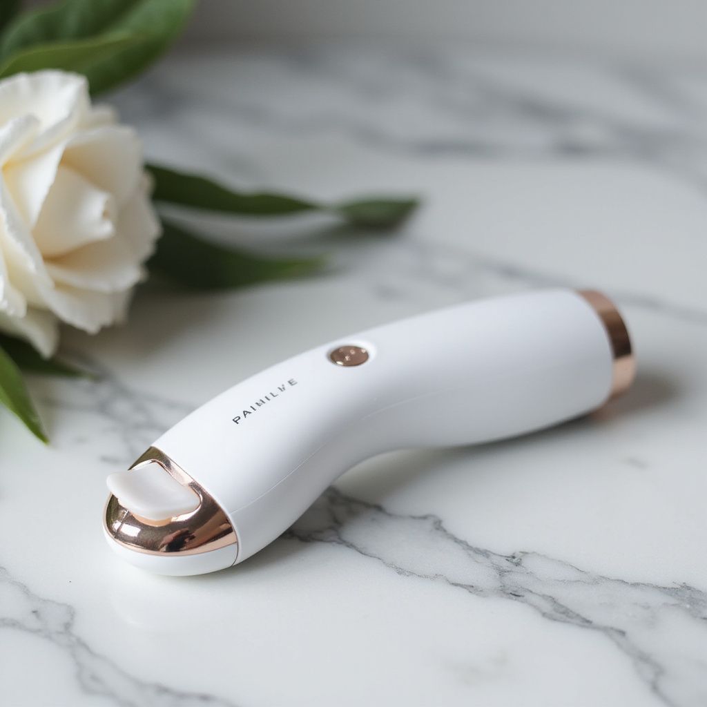 White and rose-gold facial device on a marble surface, next to a white flower.