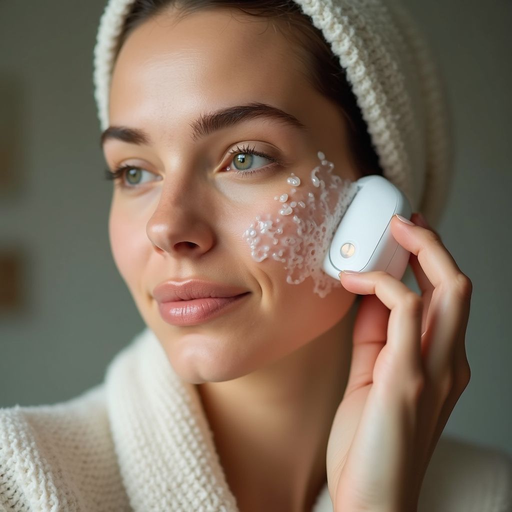 Woman applying skincare product with device to face.