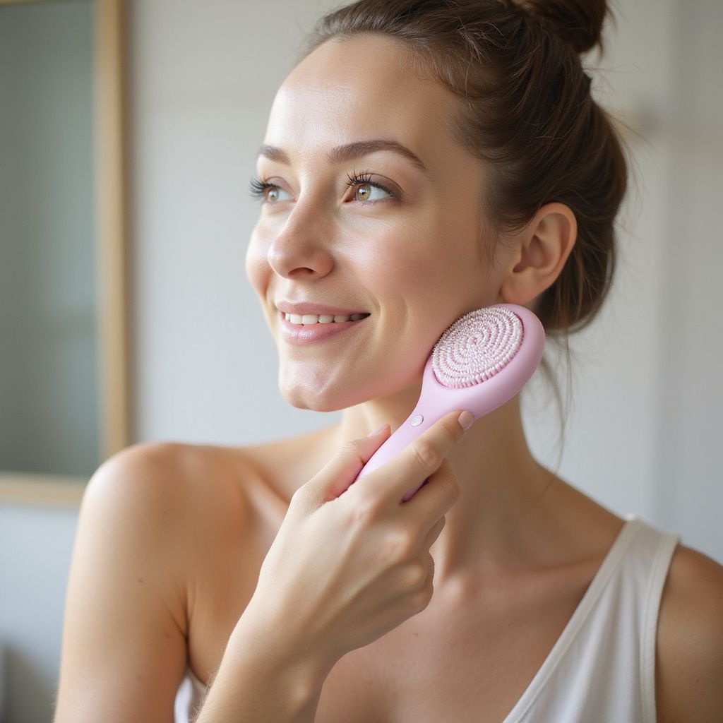 Woman using a pink facial cleansing brush, smiling in a bathroom.