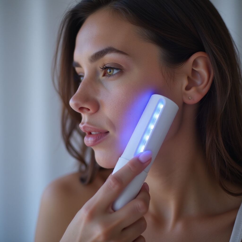 Woman using a white skincare device with blue light on her cheek.