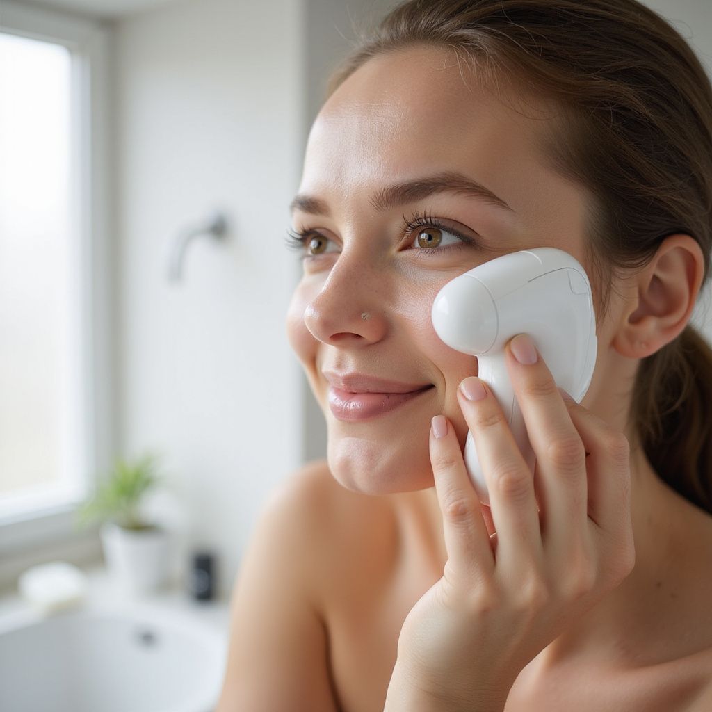 Woman using a white facial massager on her cheek in a bathroom, smiling.