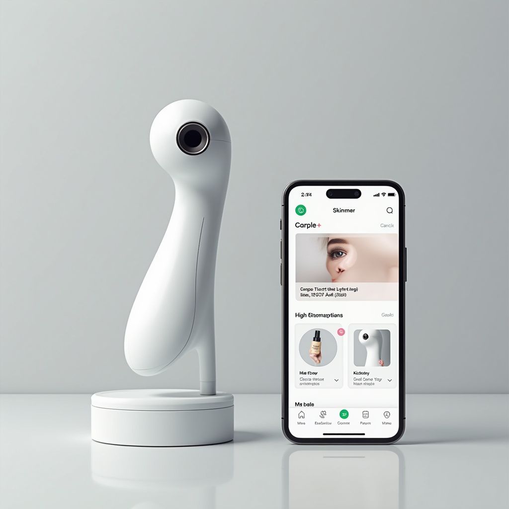White skincare device and smartphone showing a skincare app interface.