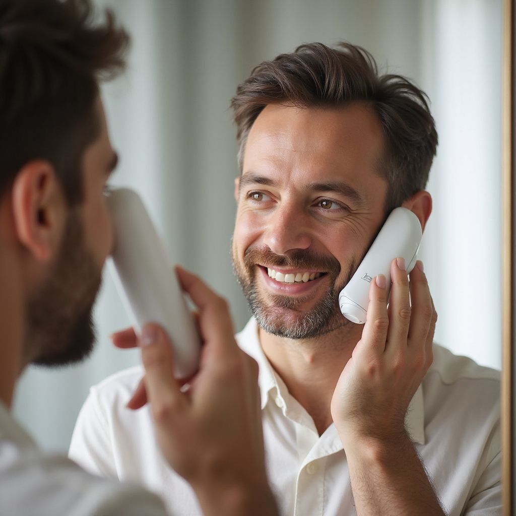 Man using a white skincare device on his face in front of a mirror, smiling.
