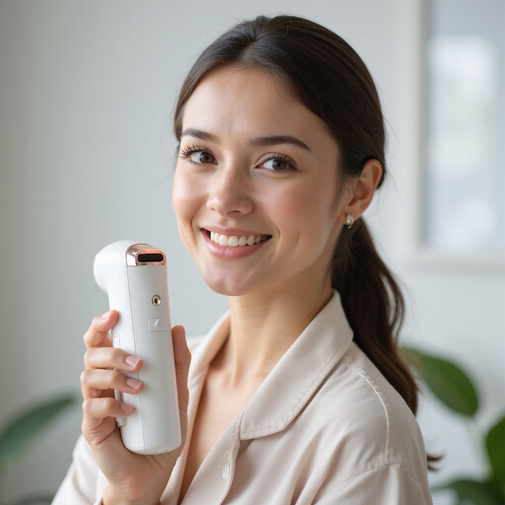 Woman holding a white skincare device, smiling, in a well-lit indoor setting.