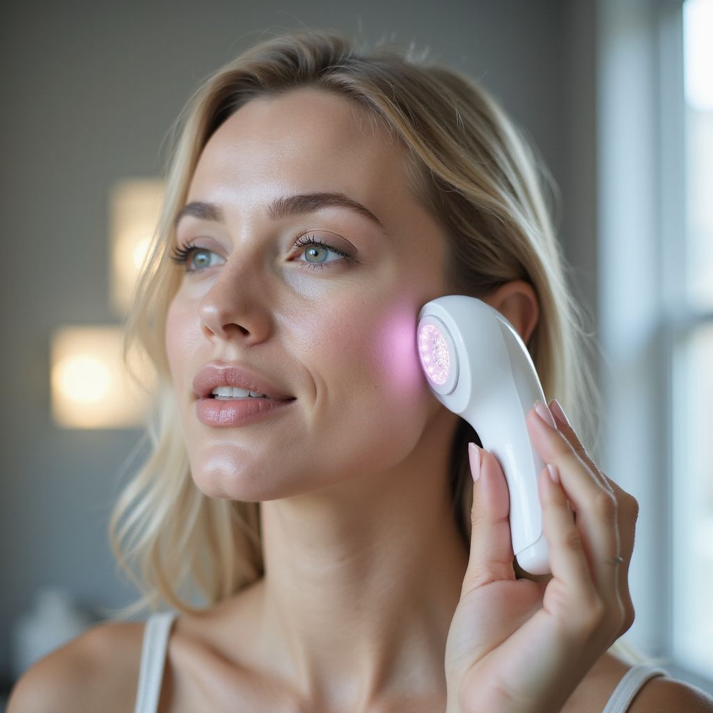 Woman using a white skincare device on her cheek; pink light visible.