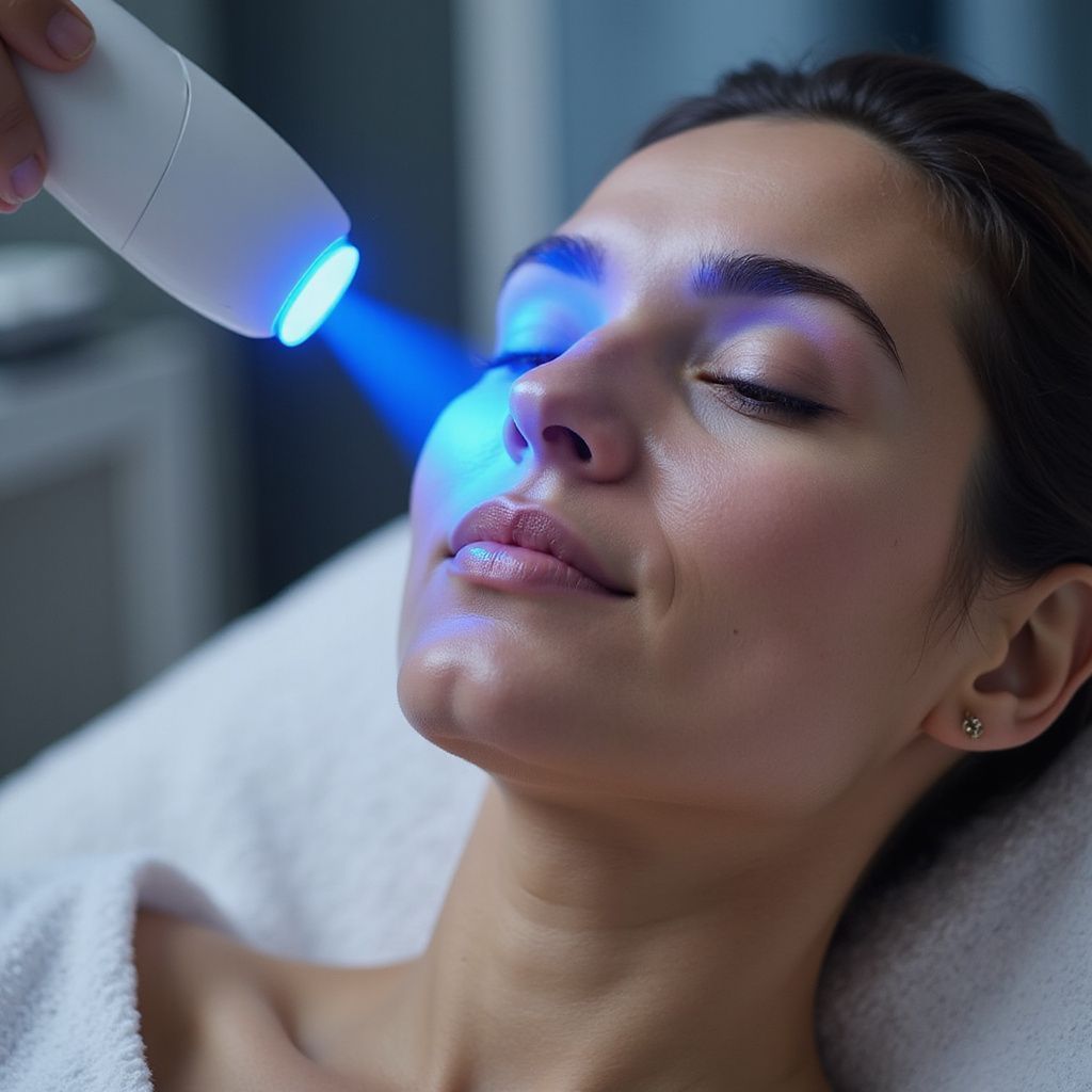 Woman receiving blue light therapy on her face in a spa-like setting.