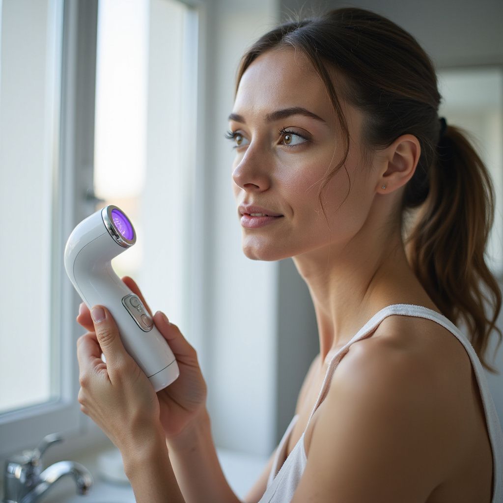 Woman holding a facial treatment device, looking out a bathroom window.