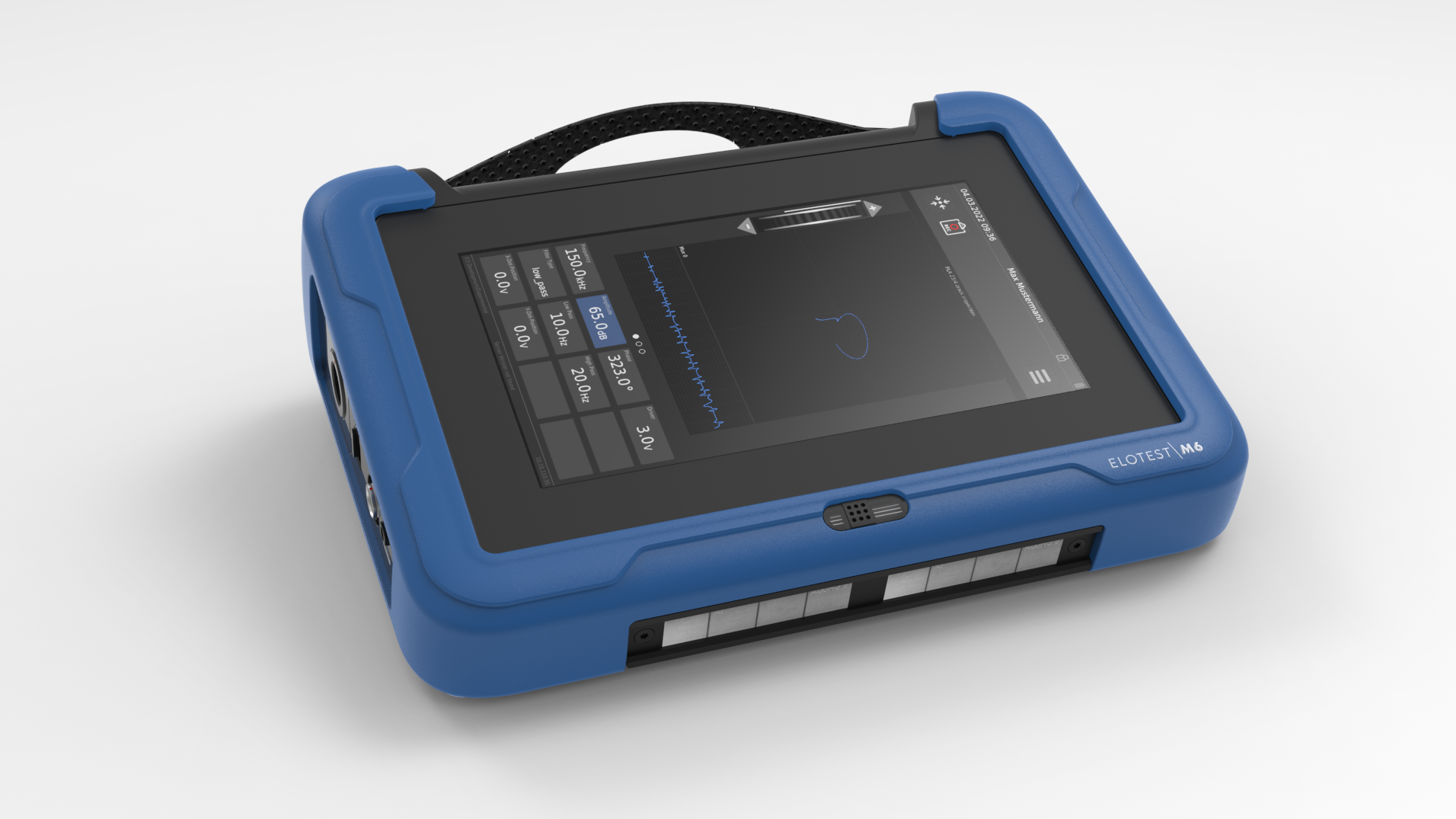 A blue and black tablet with a handle on a white surface.