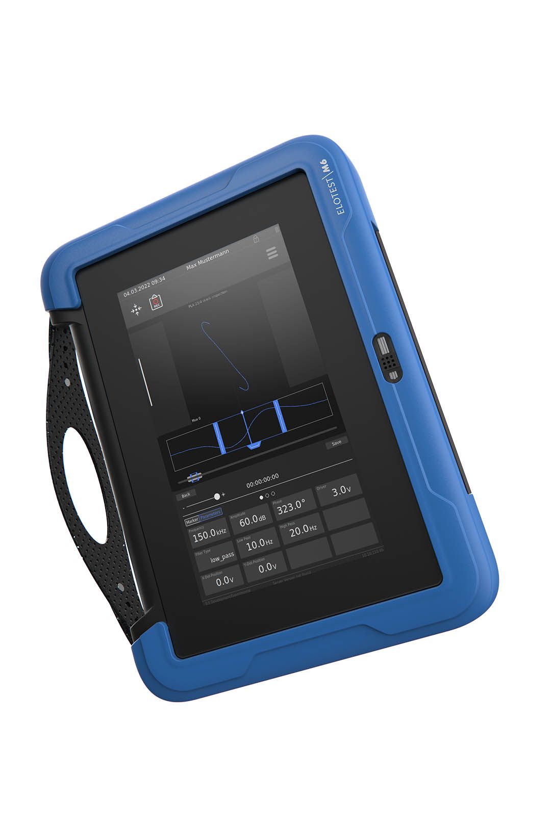 A blue and black tablet with a handle on a white background.