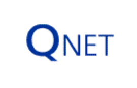 A blue qnet logo on a white background