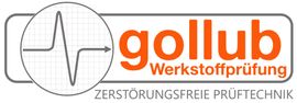 Gollub Werkstoffprüfung-Logo mit grauem Wellenkreis und orangefarbenem Text auf weißem Hintergrund
