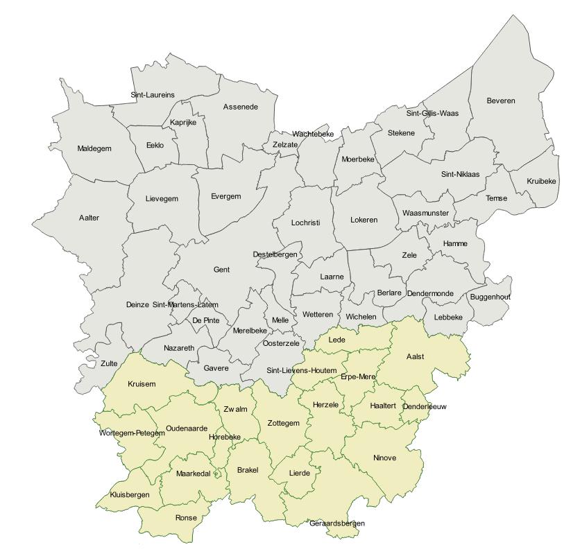 Opruimen en opruimwerken te en in Arrondissement Aalst (10 gemeenten): Aalst, Denderleeuw, Erpe-Mere, Geraardsbergen, Haaltert, Herzele, Lede, Ninove, Sint-Lievens-Houtem, Zottegem Arrondissement Oudenaarde (10 gemeenten): Brakel, Horebeke, Kluisbergen, Kruisem, Lierde, Maarkedal, Oudenaarde, Ronse, Wortegem-Petegem,