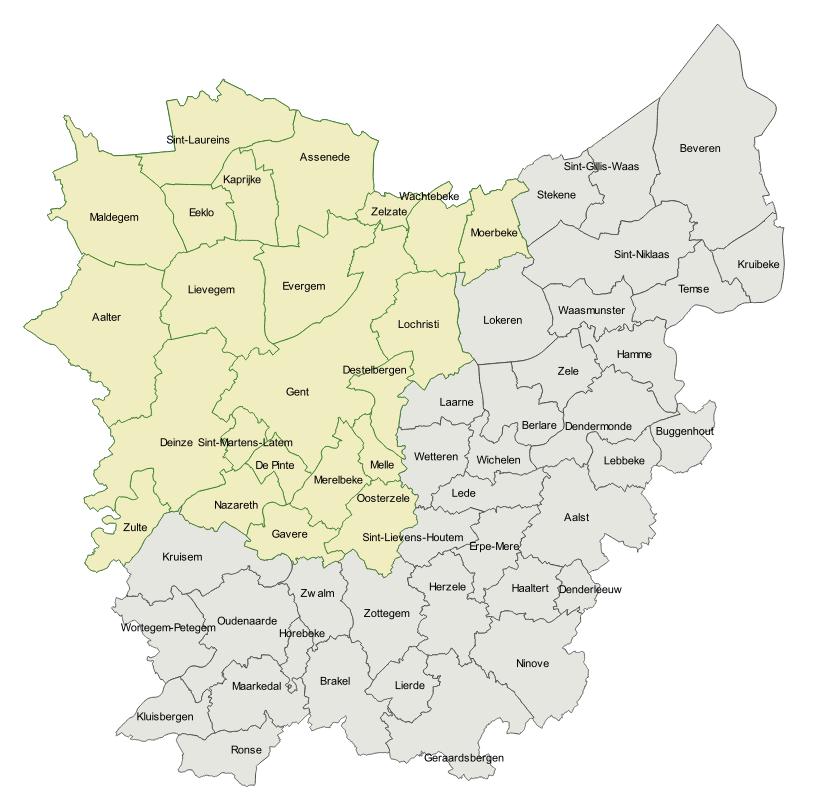 Opruimen en opruimwerken te en in Arrondissement Gent (17 gemeenten): Aalter, De Pinte, Deinze, Destelbergen, Evergem, Gavere, Gent, Lievegem, Lochristi, Melle, Merelbeke, Moerbeke, Nazareth, Oosterzele, Sint-Martens-Latem, Wachtebeke, Zulte Arrondissement Eeklo (6 gemeenten): Assenede, Eeklo, Kaprijke, Maldegem, Sint-Laureins, Zelzate