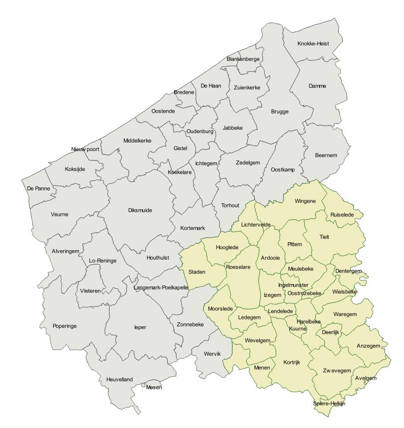 Opruimen en opruimwerken te en in Arrondissement Kortrijk (12 gemeenten): Anzegem, Avelgem, Deerlijk, Harelbeke, Kortrijk, Kuurne, Lendelede, Menen, Spiere-Helkijn, Waregem, Wevelgem, Zwevegem Arrondissement Roeselare (8 gemeenten): Hooglede, Ingelmunster, Izegem, Ledegem, Lichtervelde, Moorslede, Roeselare, Staden Arrondissement Tielt (9 gemeenten): Ardooie, Dentergem, Meulebeke, Oostrozebeke, Pittem, Ruiselede, Tielt, Wielsbeke, Wingene