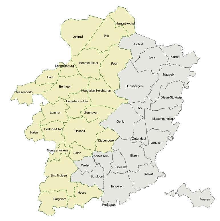 Opruimen en opruimwerken te en in Arrondissement Hasselt (14 van de 17 gemeenten): Beringen, Diepenbeek, Gingelom, Halen, Ham, Hasselt, Herk-de-Stad, Heusden-Zolder, Leopoldsburg, Lummen, Nieuwerkerken, Sint-Truiden, Tessenderlo, Zonhoven Arrondissement Maaseik (6 van de 12 gemeenten): Hamont-Achel, Hechtel-Eksel, Houthalen-Helchteren, Lommel, Peer, Pelt Arrondissement Tongeren (5 van de 13 gemeenten): Alken, Borgloon, Heers, Kortessem, Wellen