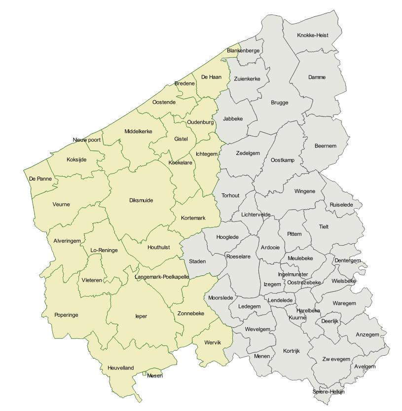 Opruimen en opruimwerken te en in Arrondissement Diksmuide (5 gemeenten): Diksmuide, Houthulst, Koekelare, Kortemark, Lo-Reninge Arrondissement Ieper (8 gemeenten): Heuvelland, Ieper, Langemark-Poelkapelle, Mesen, Poperinge, Vleteren, Wervik, Zonnebeke Arrondissement Oostende (7 gemeenten): Bredene, De Haan, Gistel, Ichtegem, Middelkerke, Oostende, Oudenburg Arrondissement Veurne (5 gemeenten): Alveringem, De Panne, Koksijde, Nieuwpoort, Veurne