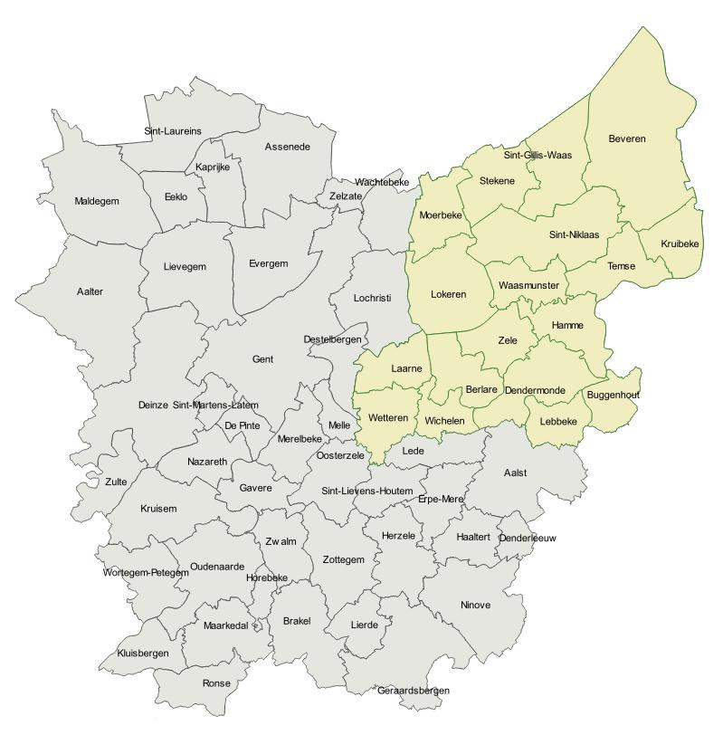 Opruimen en opruimwerken te en in Arrondissement Dendermonde (10 gemeenten): Berlare, Buggenhout, Dendermonde, Hamme, Laarne, Lebbeke, Waasmunster, Wetteren, Wichelen, Zele Arrondissement Sint-Niklaas (7 gemeenten): Beveren, Kruibeke, Lokeren, Sint-Gillis-Waas, Sint-Niklaas, Stekene, Temse