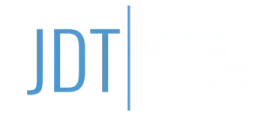 Blue “JDT” logo with a vertical line on a white background