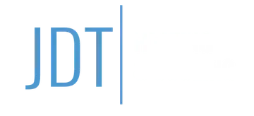 Blue JDT letters with a vertical line on a white background