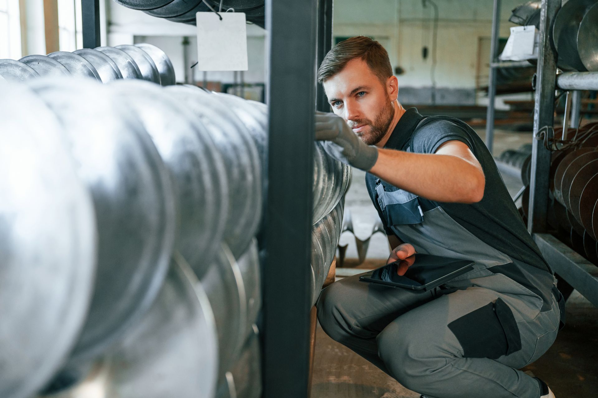 Worker crouching beside stacked metal drums in an industrial warehouse