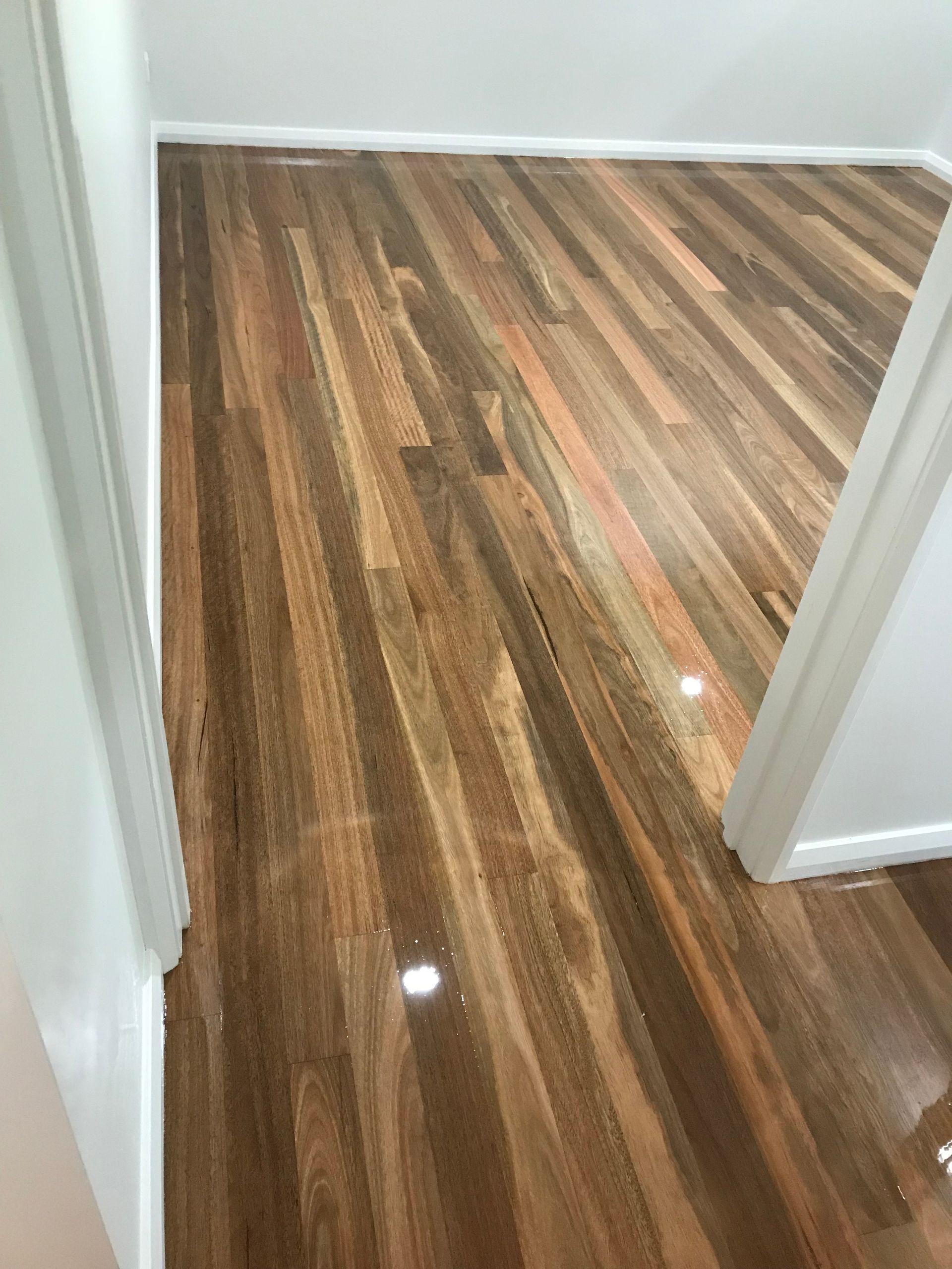 A Wooden Floor in a Hallway Next to a Door — Timbertop Floor Sanding & Polishing In Bungalow, QLD