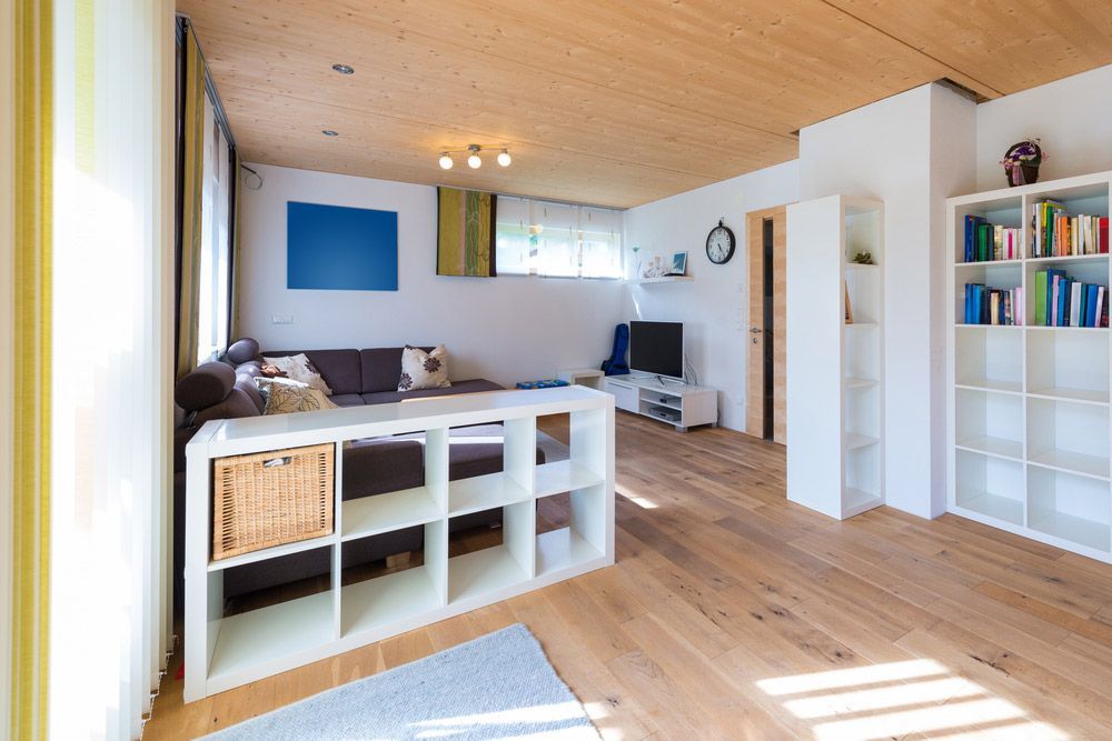 A Living Room With a Couch, Bookshelf, and Television — Timbertop Floor Sanding & Polishing In Bungalow, QLD