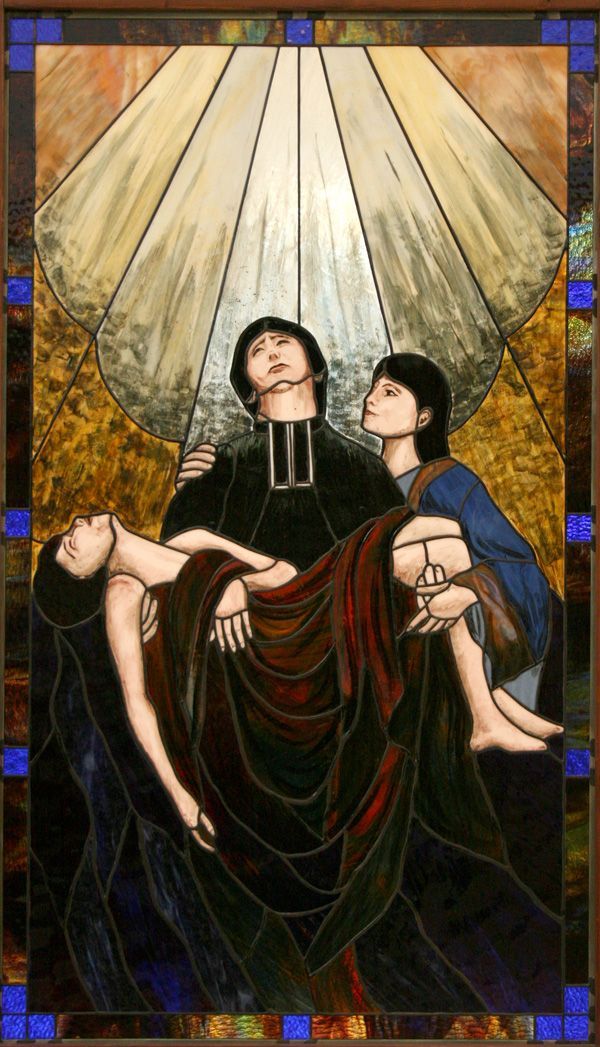 A stained glass painting of a man carrying a woman