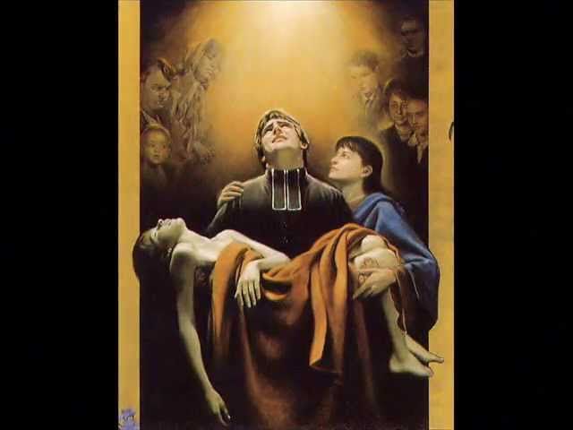 A man is carrying a woman in his arms in a painting.