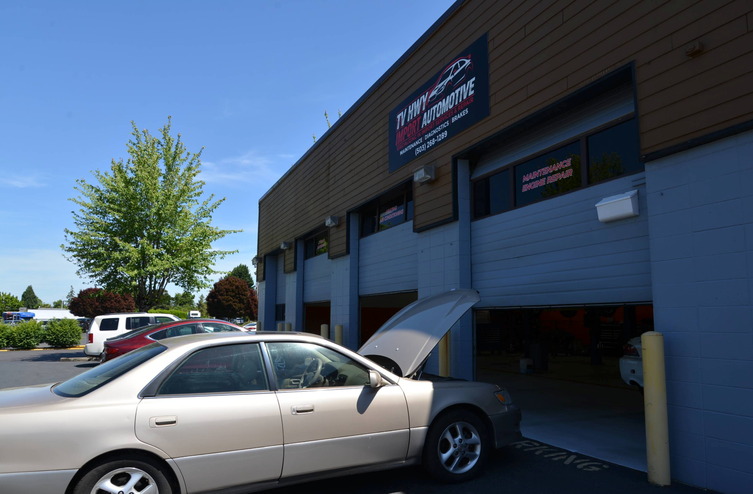 Silver sedan with hood open outside an auto repair shop in a garage parking lot | TV HWY Import Automotive