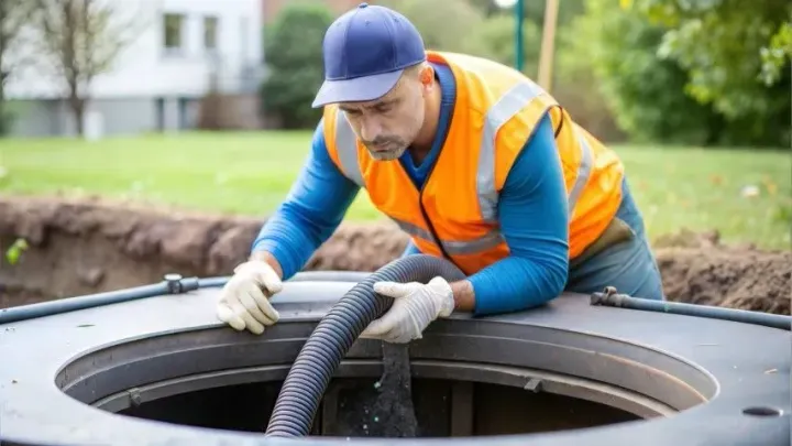 Technician performing routine septic tank pumping.