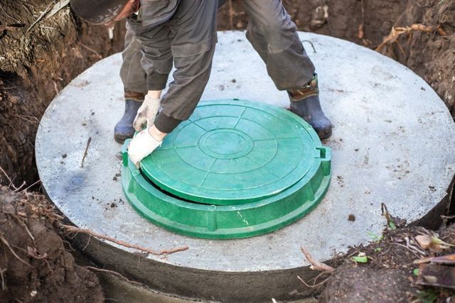 New septic tank installation and lid placement.