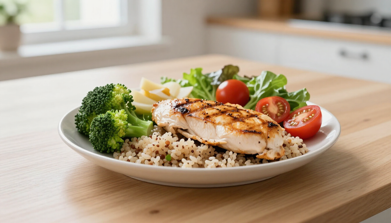 Grilled chicken with rice, broccoli, and cherry tomatoes on a white plate on a kitchen counter