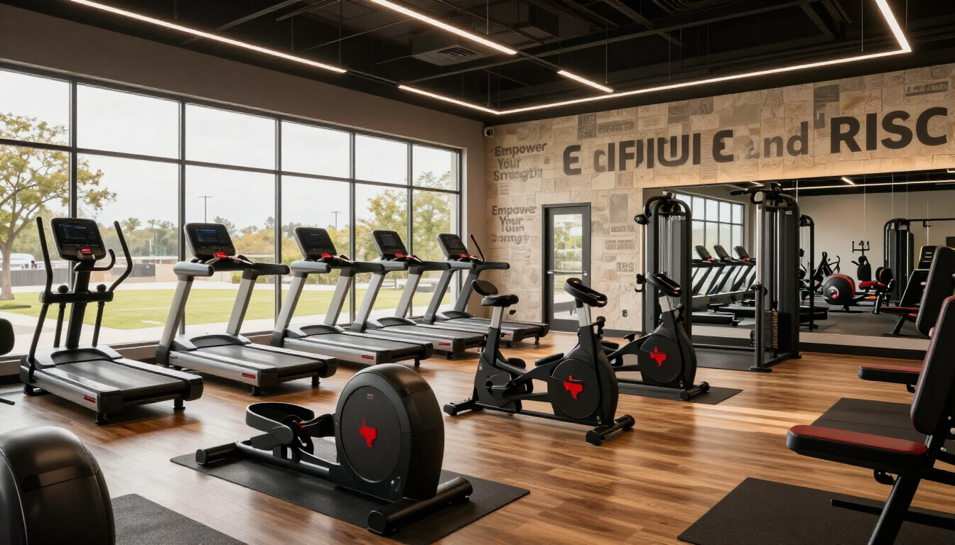 Modern gym with treadmills, stationary bikes, and weight machines in a bright industrial-style room