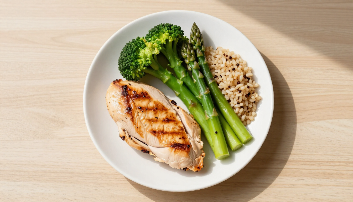 Grilled chicken, asparagus, broccoli, and brown rice on a white plate