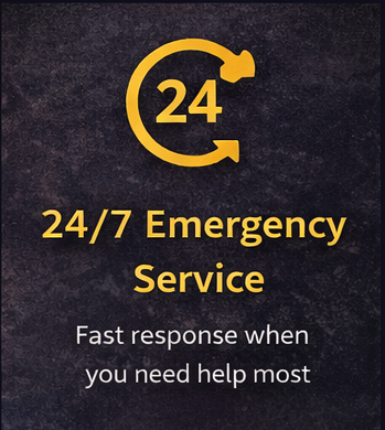 Yellow text and icon on a dark background reading