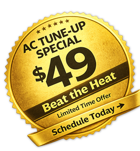 Gold badge promoting a $49 AC tune-up special with the text